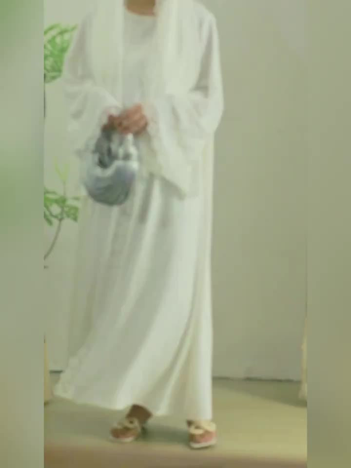 3pcs Elegant Muslim Women'S Abaya Set with Sleeveless Vest Skirt, Headscarf, and Belt - Black Lace Trim, Long Sleeve, Solid Color, All-Season Wear, Modest Fashion for Ramadan, Elegant Attire|Traditional Attire|Lace Trim Detai