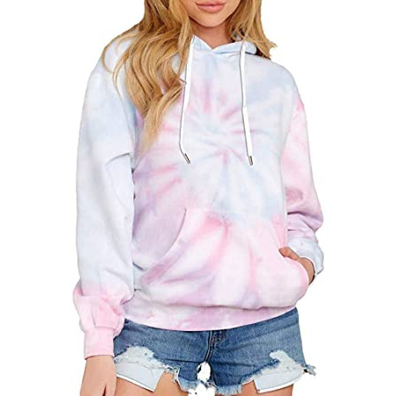 Europe and America Spring, Autumn and Winter New Women's Top Tie Dyed Hooded Long Sleeve Pocket Guards