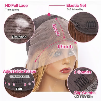 Highlight 4/27 Bob Wig Human Hair 13x4 Lace Front Wig Straight Hair Pre Plucked with Baby Hair 4/27 Honey Blonde Bob Wig for Women Glueless Straight Bob Wig 25.4 cm