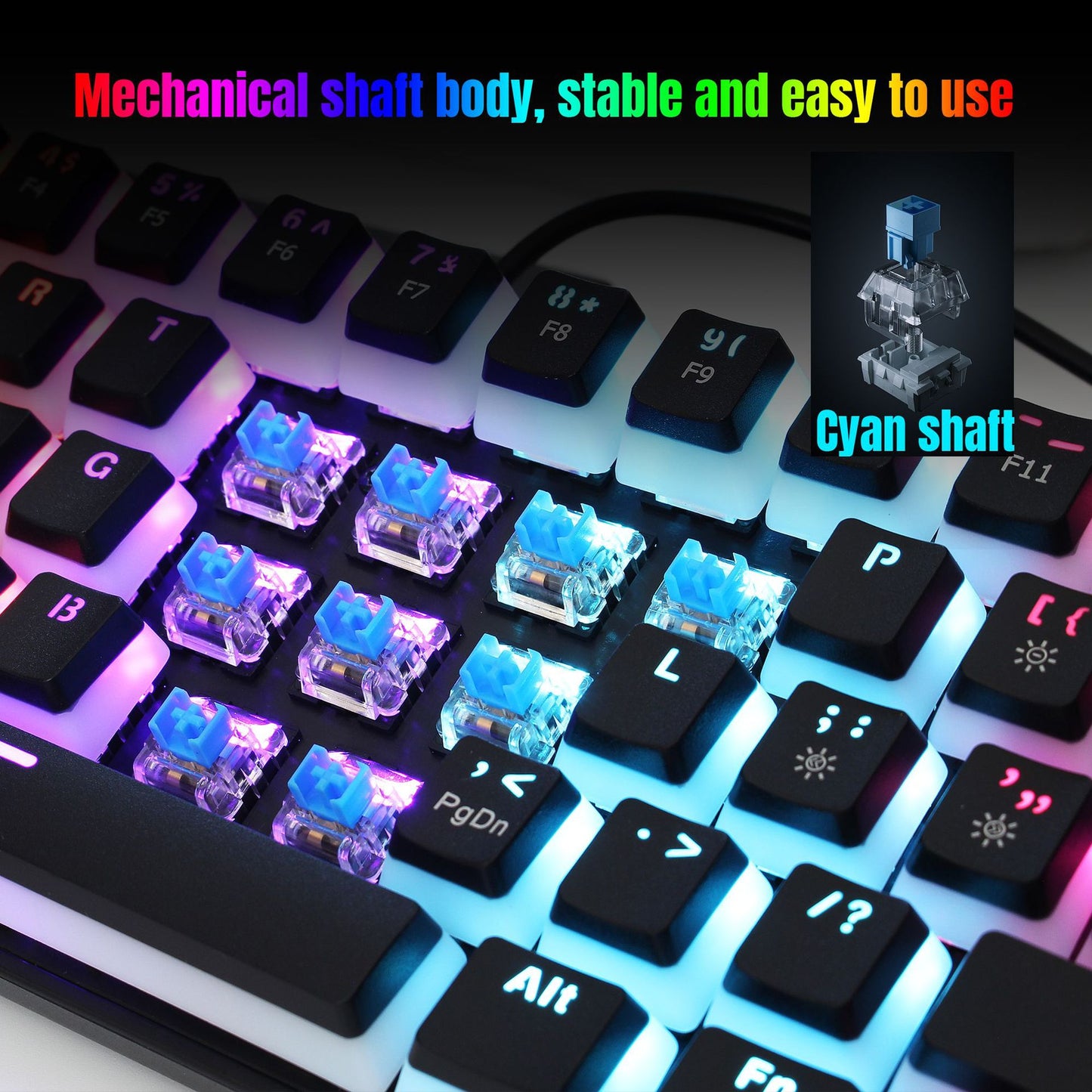 HXSJ new 61 key wired mechanical keyboard, blue axis pudding keycap, color backlit game, office and home use