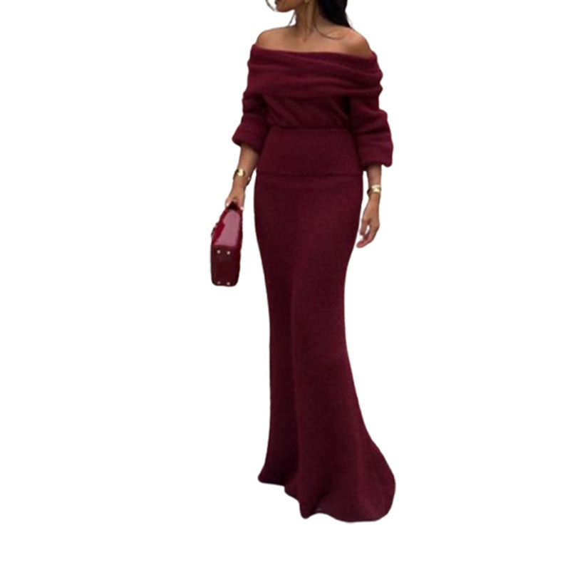 Solid color off shoulder knitted long dress fashionable slim fit eye-catching knitted long dress