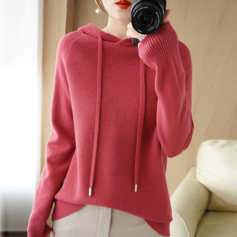 Autumn and Winter Women's Hooded Wool Knitwear Korean Version Loose Fashion Sweater Thickened Sweater Bottom Coat Top