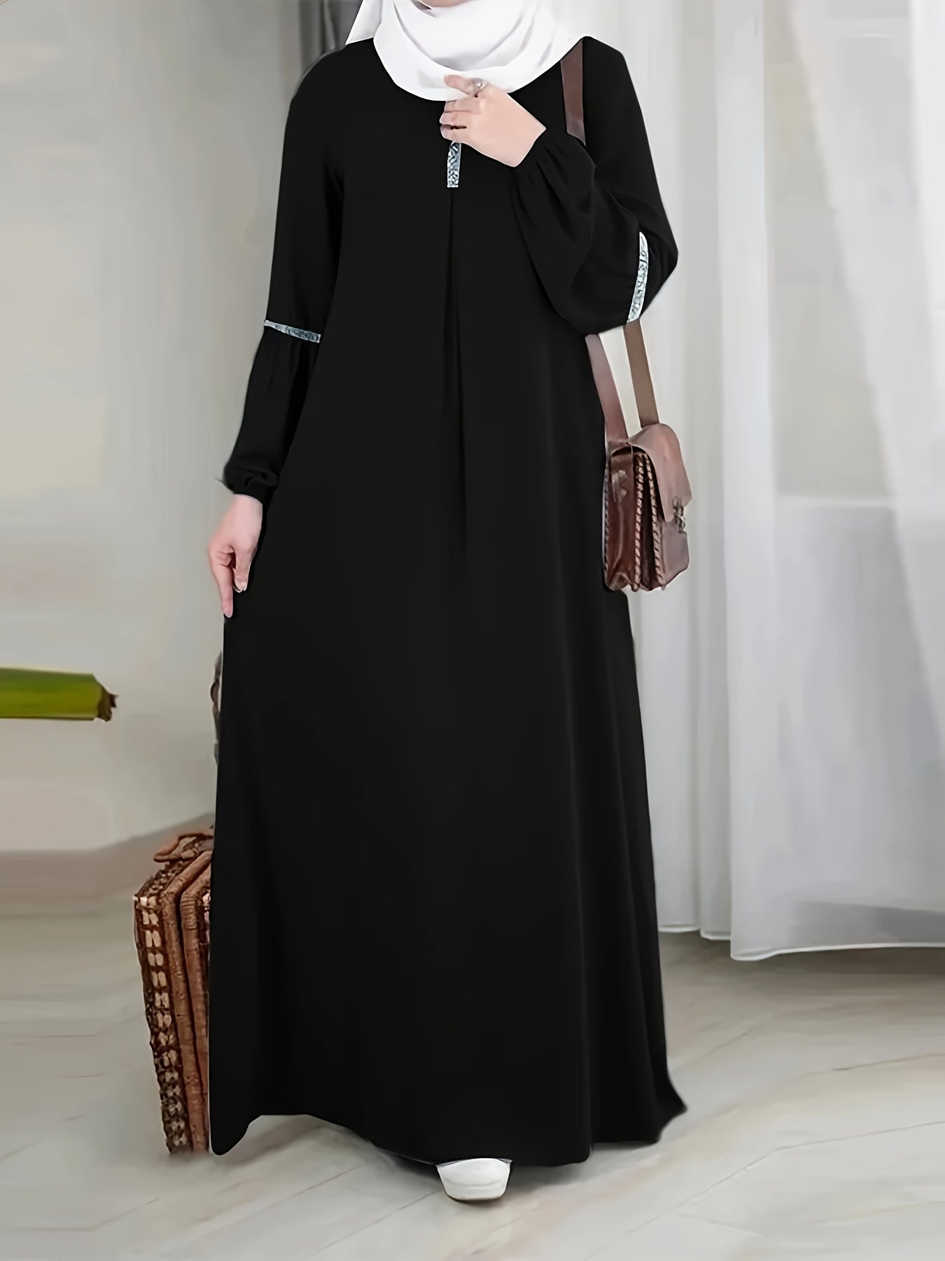 [Sequined Abaya] Sequined Long Sleeve Muslim Abaya | Middle Eastern Solid Color Casual Dress