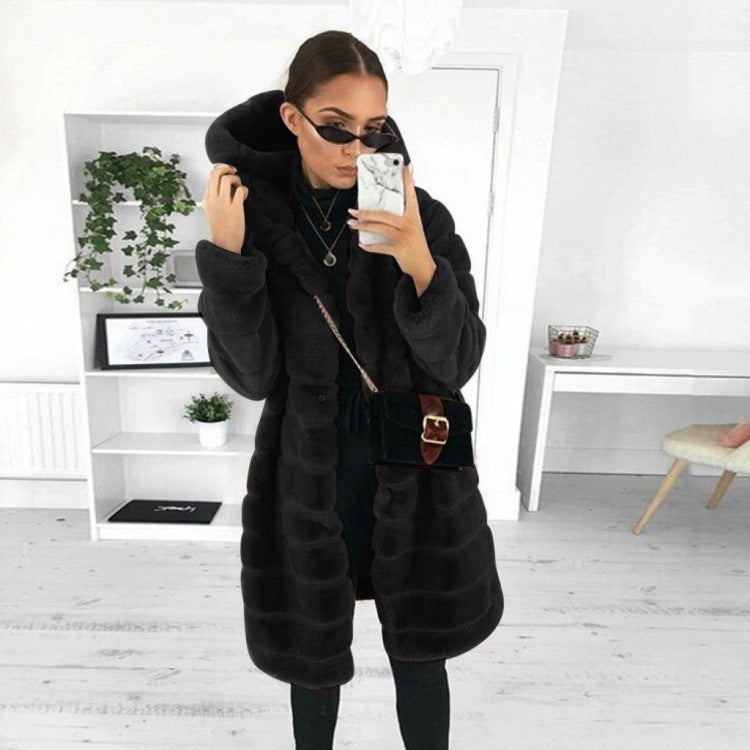 European and American medium to long solid color loose plush hooded coat imitating fur for autumn and winter warm jacket