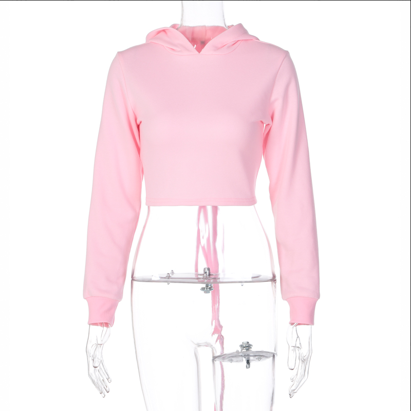 Long sleeve hooded bandage sexy crop top sweatshirt autumn winter women fashion streetwear outfits pink pure tees