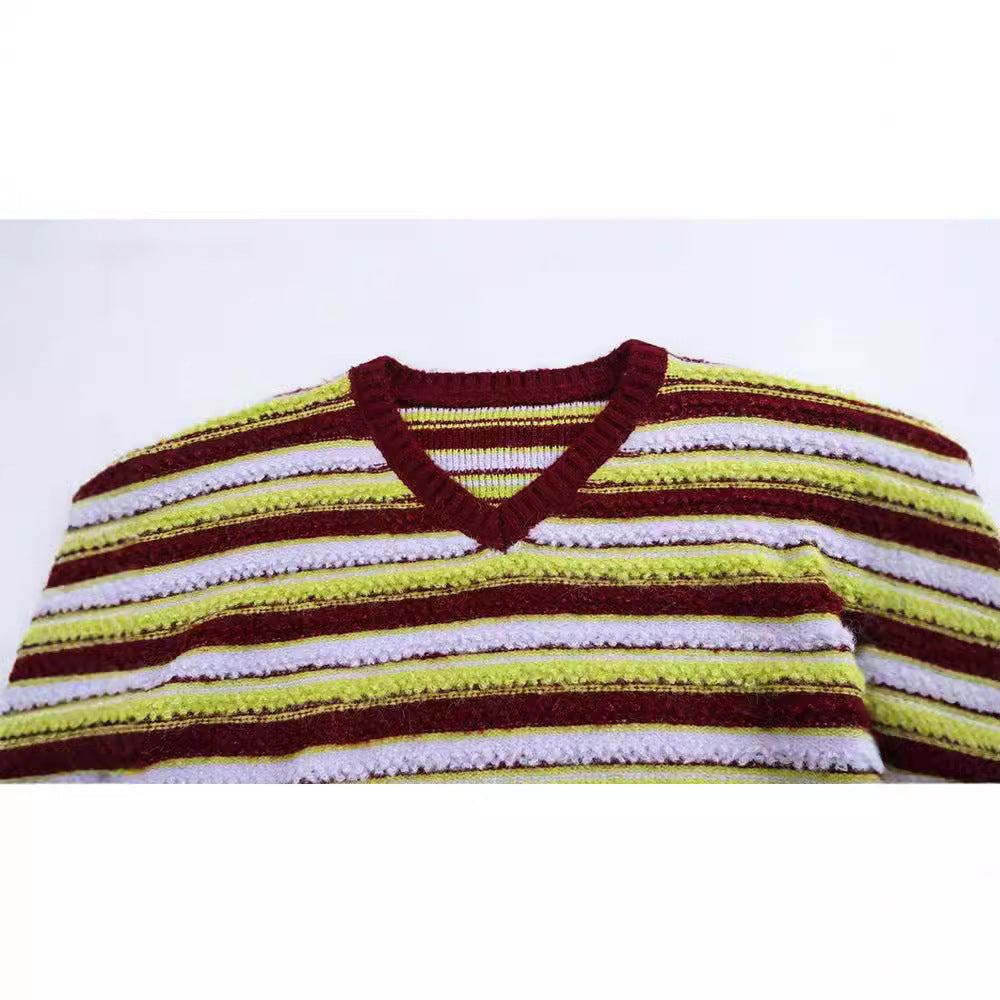 Retro loose lazy contrasting striped looped chicken neckline V-knit sweater