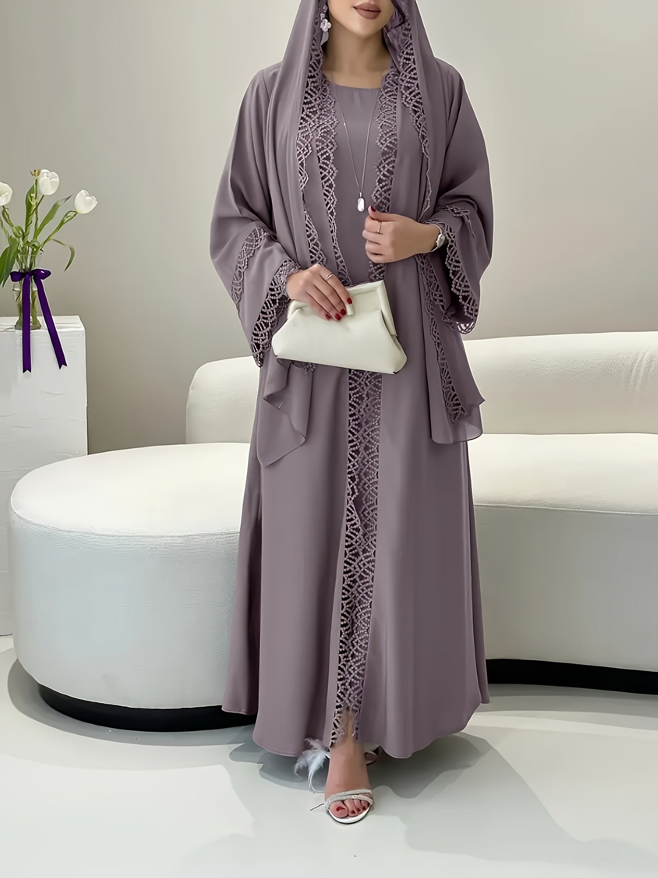 3pcs Elegant Muslim Women'S Abaya Set with Sleeveless Vest Skirt, Headscarf, and Belt - Black Lace Trim, Long Sleeve, Solid Color, All-Season Wear, Modest Fashion for Ramadan, Elegant Attire|Traditional Attire|Lace Trim Detai