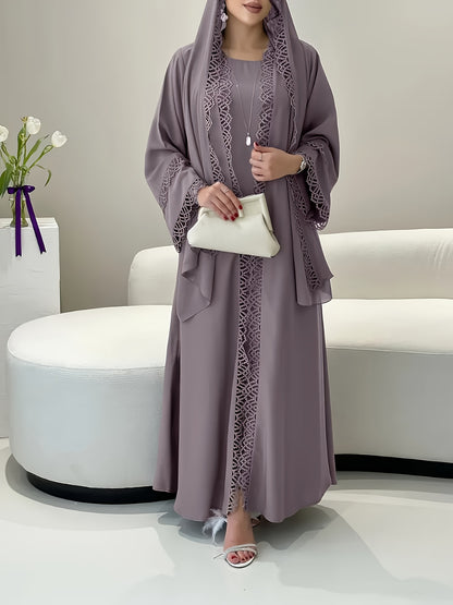 3pcs Elegant Muslim Women'S Abaya Set with Sleeveless Vest Skirt, Headscarf, and Belt - Black Lace Trim, Long Sleeve, Solid Color, All-Season Wear, Modest Fashion for Ramadan, Elegant Attire|Traditional Attire|Lace Trim Detai