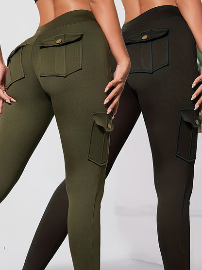 2pcs Women'S Cargo Leggings with Side Pockets - Olive Green & Black, Elastic Waistband, Mid-Rise, Stretchy Polyester Blend, Perfect for Outdoor & Casual Wear, Spring/Summer Collection, Versatile Clothing | Side Pocket Legging