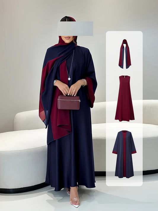 3pcs Muslim Abaya Set for - Full Islamic Hijab Dress with Long Sleeve Robe, Vest Dress & Headscarf - Modest Prayer Dress, Travel & Daily Wear - Machine Washable Arabic Clothing (No-Fit Adjustments)
