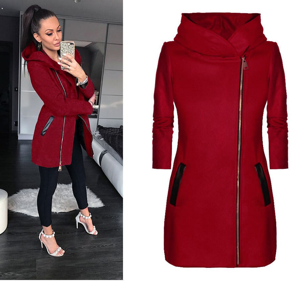 Winter women's high collar hooded colorblock zipper long sleeve coat jacket