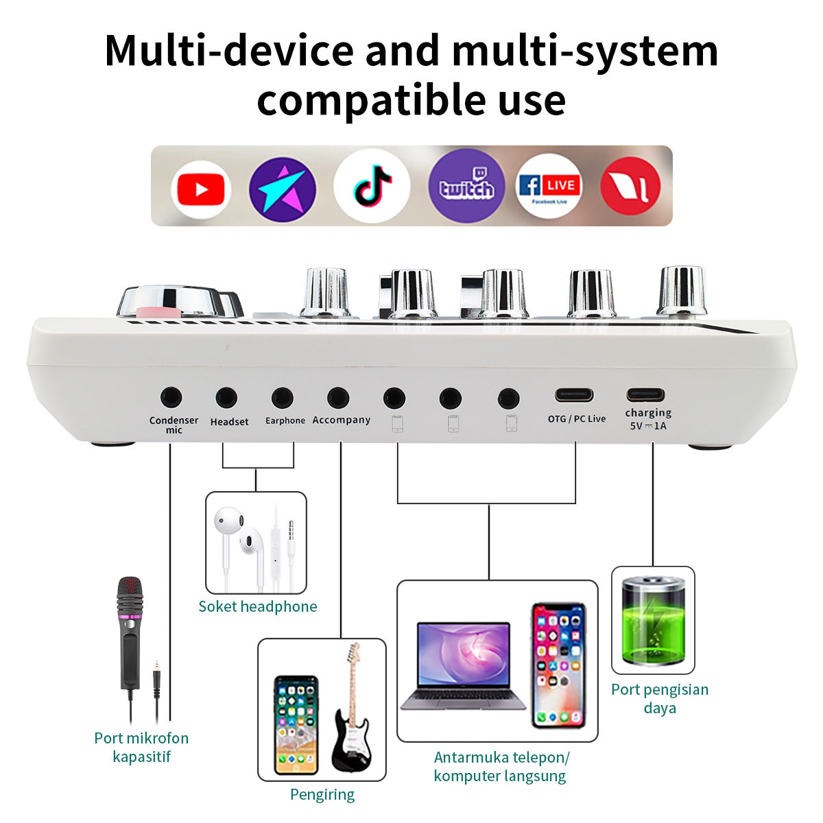 F998Pro live singing sound card white English version intelligent noise reduction integrated microphone