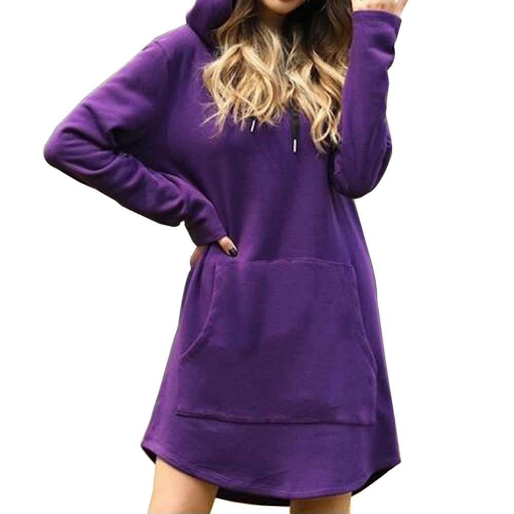 Vintage Women Spring Dress Hooded Long Sleeve Loose Casual 3XL Plus Size Dress Retro Ladies Pocket Tube Midi Dresses