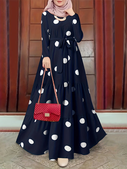 2023 New Women's Elegant Red & White Polka Dot Arabic Abaya Dress - Long Sleeve Round Neck with Adjustable Waist Tie, Machine Washable Lightweight Modest Cover for Spring Summer Fall, Abaya for Summer, Cultural Attire, Season