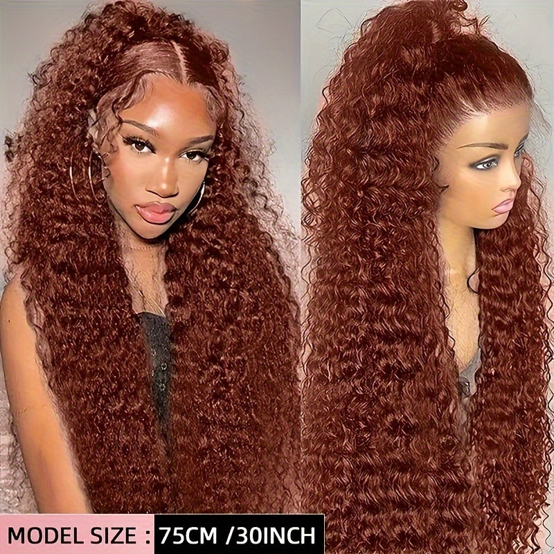 Reddish Brown Human Hair Water Weave Lace Front Wigs 13x4 HD Transparent Lace Frontal Wig #33 Colored Cooper Brown Curly Human Hair Wigs for Women Preplucked Hairline Remy Hair