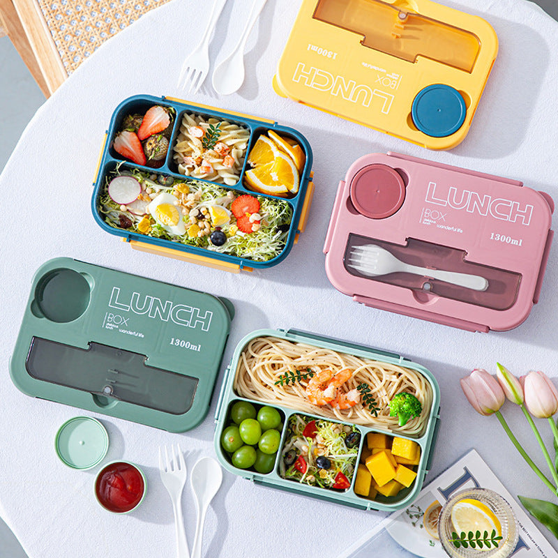 Microwaveable sealed lunch box with compartments and sauce box with cutlery