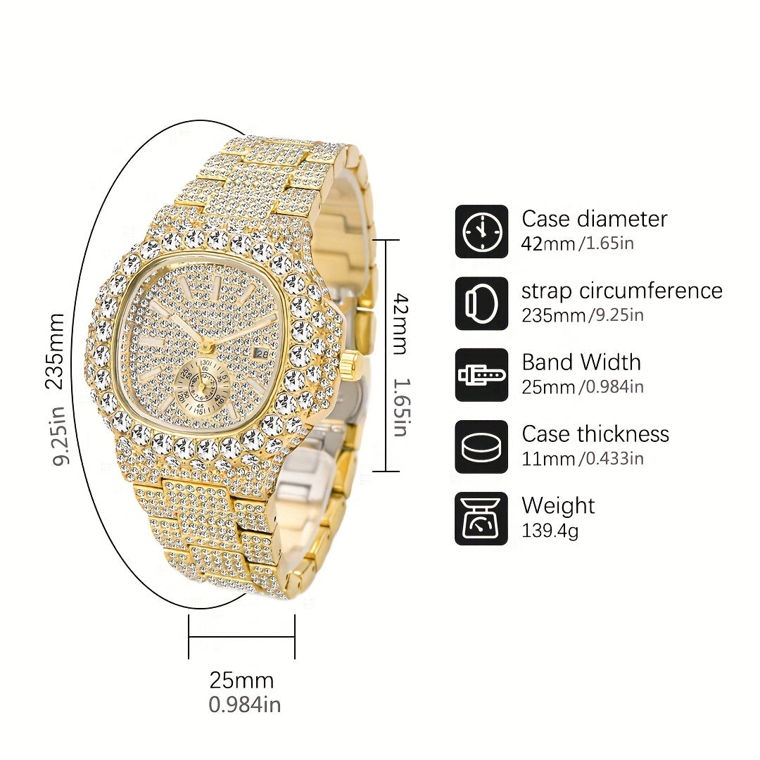 Gold Watch For Men Diamond Iced Out Hip Hop Stylish Quartz Watches For Male Double Dial Heavry Waterproof Wristwatches Summer In