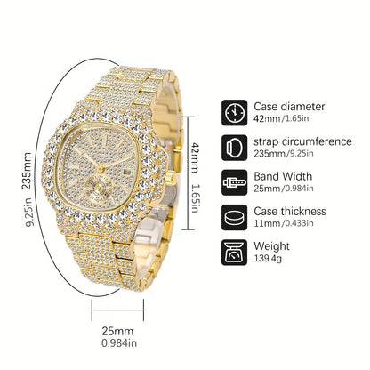 Gold Watch For Men Diamond Iced Out Hip Hop Stylish Quartz Watches For Male Double Dial Heavry Waterproof Wristwatches Summer In