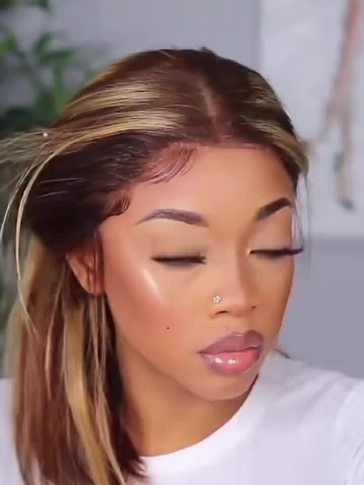 Easy-Wear Glueless Bone Straight Human Hair Wig with 13x4 HD Lace Closure - Pre-Plucked & Cut, Highlight Ombre Colors, 180% Density, Ready to Go for Women of All Ethnicities, Short Hair Wig