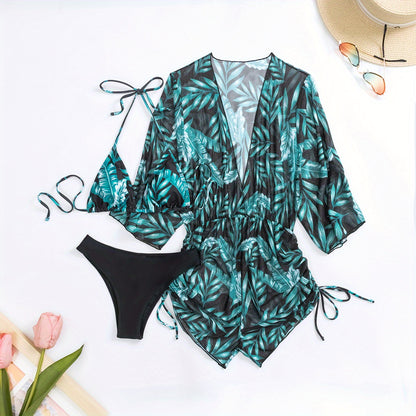 3-Piece Leaf Plant Print Bikini Sets, Triangle Halter Neck High Cut With Sheer Cover Up Drawstring Overall Swimsuit, Women's Swimwear & Clothing for Koningsdag/King's Day