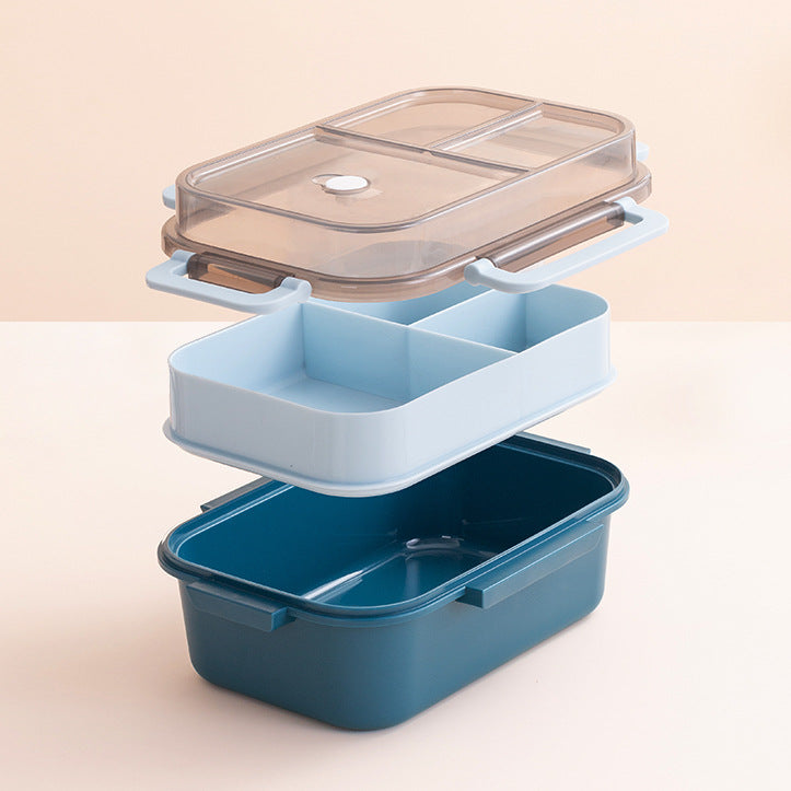 Classic simple microwaveable double-layer sealed compartment lunch box with tableware