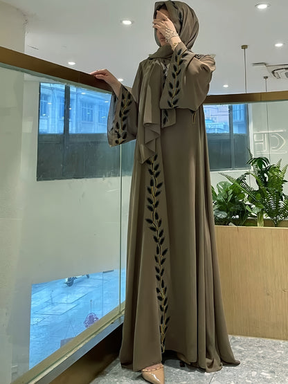 2pcs set of Middle Eastern clothing, fashionable street style, pink round collar embroidered long robe + headscarf