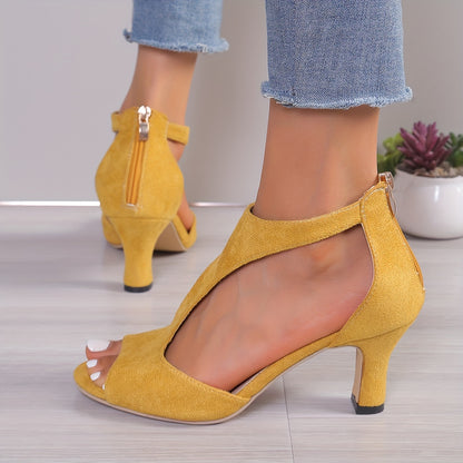 Chic Womens Peep Toe High Heel Sandals - Stylish T-strap, Comfortable Chunky Heel, Zipper Closure - Timeless Black for Versatile Wear