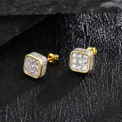 Golden Micro Pave Cubic Zircon Hip Hop Geometry Square Stud Earrings - Iced Out Bling Fashion Jewelry with Geometric Design, Square Shape, and Durable Construction - Perfect for Everyday Wear and Special Occasions