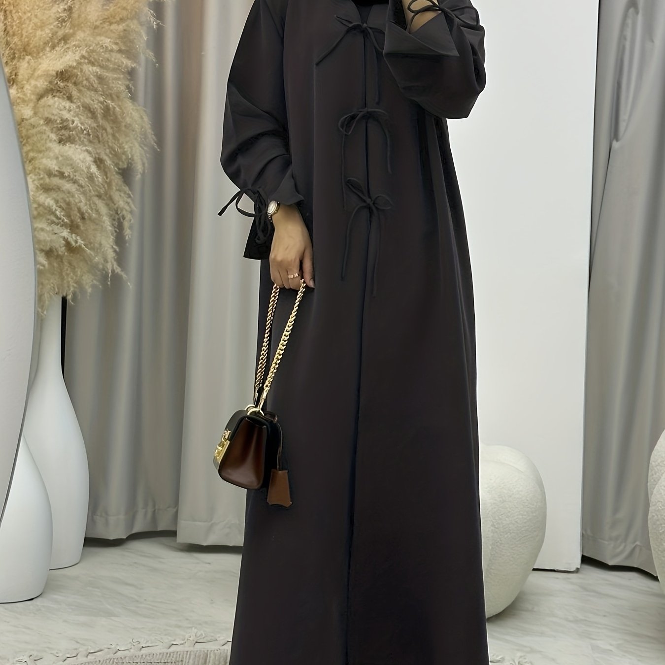 /Unisex Black Abaya Robe - Full-Length Islamic Dress with Adjustable Lace-Up Hooded Collar, Long Sleeve Traditional Muslim Gown for Hajj, Ramadan & Daily Wear - Machine Washable Loose Fit (No Stretch)