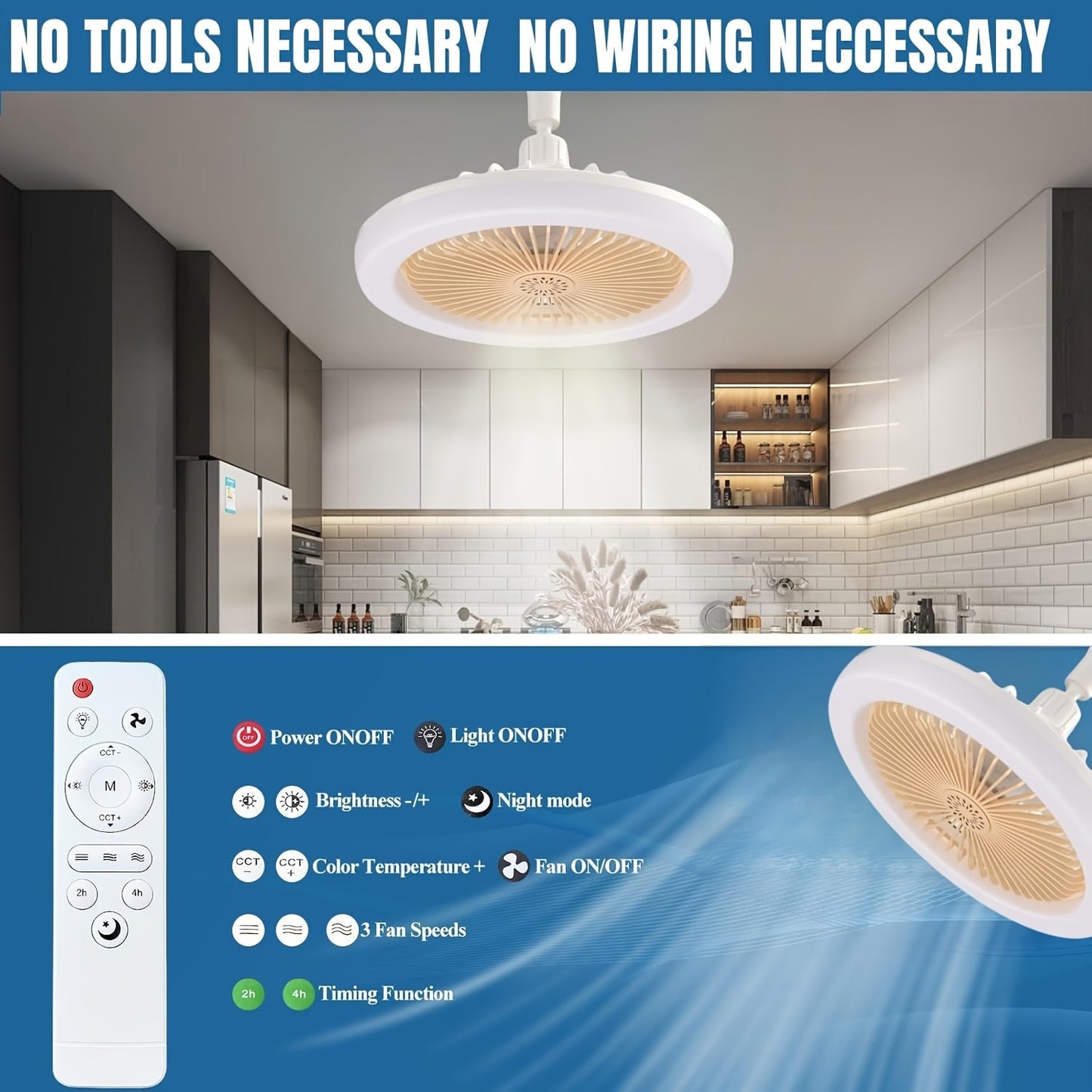 2-in-1 Multifunctional Ceiling Fan with Light, LED Fan Light, 25.4 cm Diameter, Color Matching, Infinite Dimming, and Timer Function, Suitable for Bathrooms/Bedrooms/Garages/Kitchens/Offices, Ceiling Fan Light, Bedroom Lighti