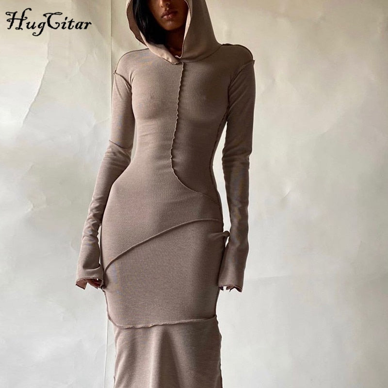 Hugcitar Long Sleeve Hooded Patchwork Skinny Maxi Dress Autumn Winter Women Fashion Streetwear Casual Outfits