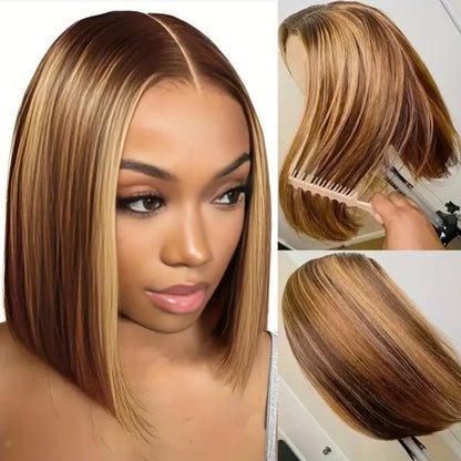 Short Bob Wig for Women & - Natural-Looking Body Wave Synthetic Hair with Golden Brown/Blonde/Beige/Brunette Ombre, Heat-Resistant Fiber & Breathable Mesh Cap, Middle Part Short Cut Wig for Daily Wear, Suits All Beige Tones &