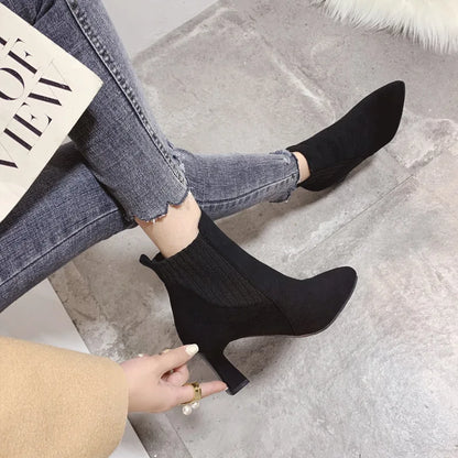 Ankle Boots Women Autumn Pointed Toe Knitted Warm Elastic Women's Shoes Shoes Casual High Heels Platform Boots