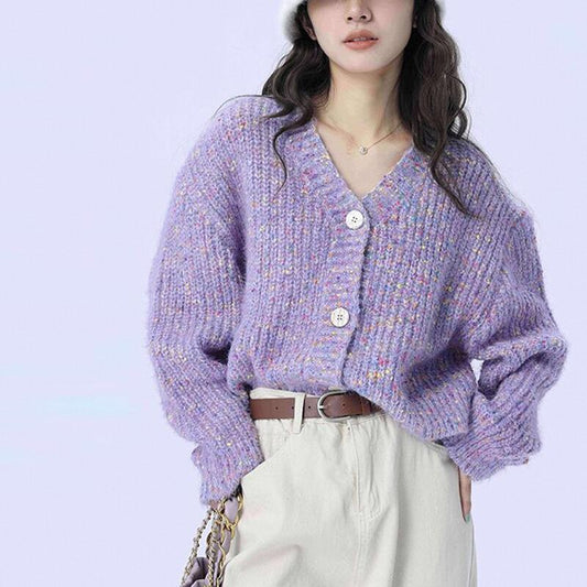 Retro colored dot sweater jacket for women wide and soft with sticky floral thread knit sweater and V-neck knit top