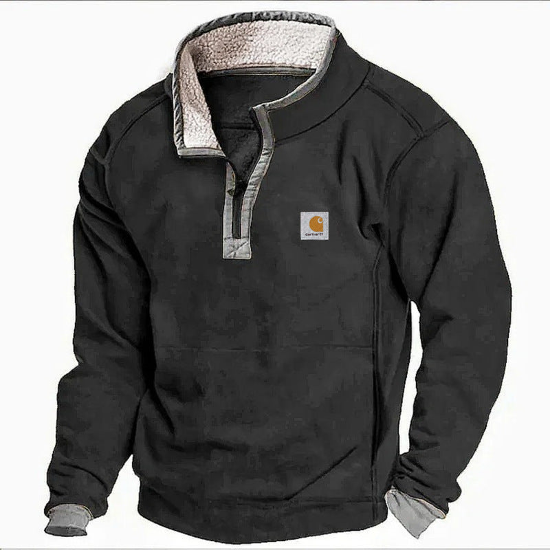 Men's Casual Hoodie with Stand Collar and Zipper Closure Fleece Lined Sweatshirt for Autumn and Winter