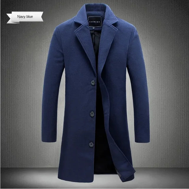 Spring Autumn New Long Cotton Coat New Wool Blend Pure Color Casual Business Fashion Men's Clothing Slim Windbreaker Jacket