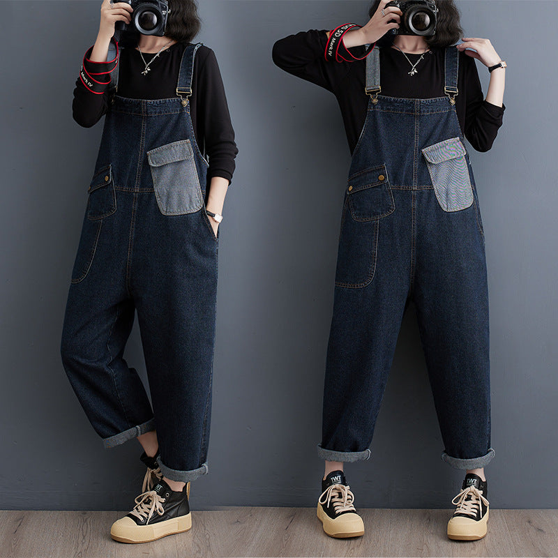 Cowboy overalls cropped pants women's age reducing loose wide leg jumpsuit