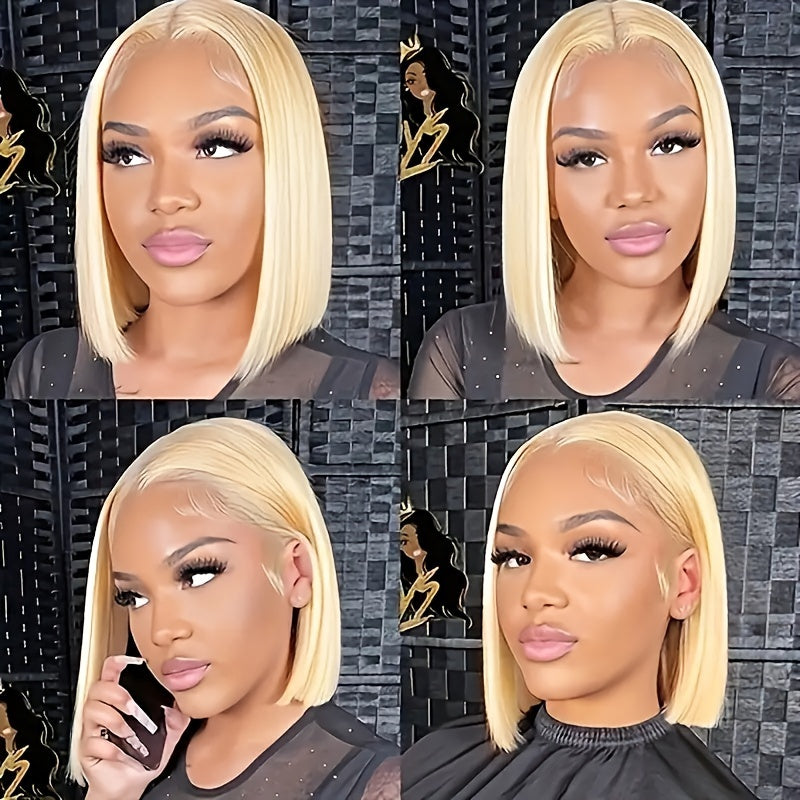 100% Human Hair Golden Blonde Short Bob Wig, 13x4 Lace Front, Breathable & Comfortable, Straight Style, 150% Density, Natural Look for Casual Attire, Natural Look Wig | Fashionable Wig | Breathable Lace Wig