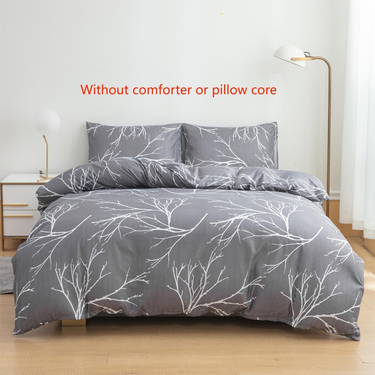 100% Polyester Printed Duvet Cover Set + Pillowcase 3pcs Set Lien White Branch Leaf Floral Print, 2*Pillowcases, 1*Duvet Cover, Unfilled, Grey Bedding, Ultra Soft Breathable Comfortable Polyester Material, Suitable for All Se