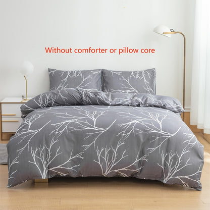 100% Polyester Printed Duvet Cover Set + Pillowcase 3pcs Set Lien White Branch Leaf Floral Print, 2*Pillowcases, 1*Duvet Cover, Unfilled, Grey Bedding, Ultra Soft Breathable Comfortable Polyester Material, Suitable for All Se