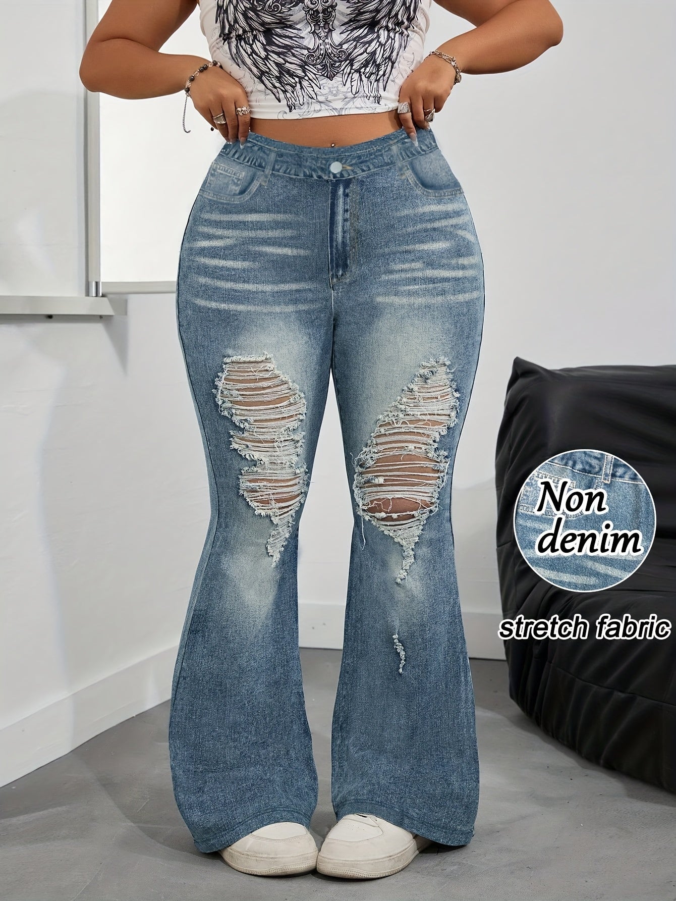 【imitation denim】Plus Size - [imitation Faux Denim]Plus Size - Women'S Plus Size High-Waisted Flared Pants - Non-Faux Denim Stretchy Trousers with Fake Pockets, All-Season Everyday & Formal Outfits - Elegant Blue Faux Den