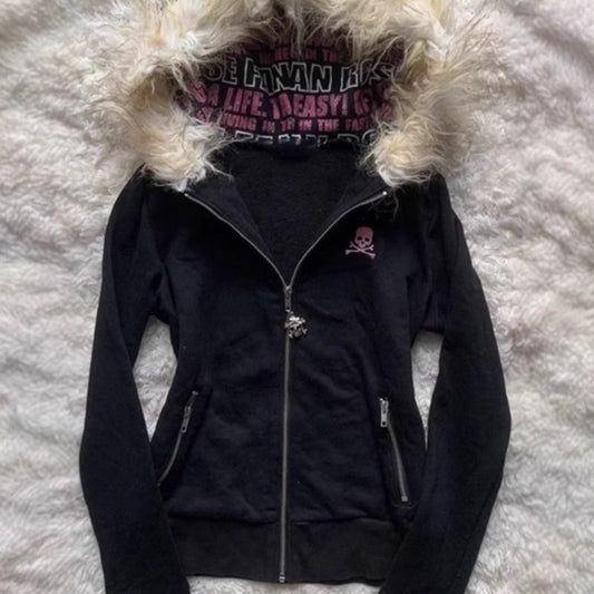 Zipper hooded sweatshirt jacket with women's fur collar design sense top