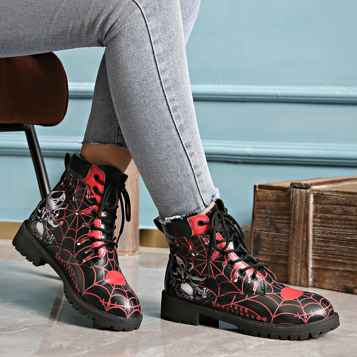 Printed short boots for women, round toe, thick heel, lace up, European and American Martin boots