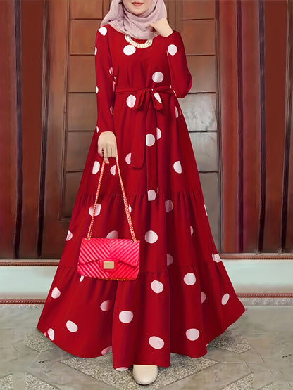 2023 New Women's Elegant Red & White Polka Dot Arabic Abaya Dress - Long Sleeve Round Neck with Adjustable Waist Tie, Machine Washable Lightweight Modest Cover for Spring Summer Fall, Abaya for Summer, Cultural Attire, Season