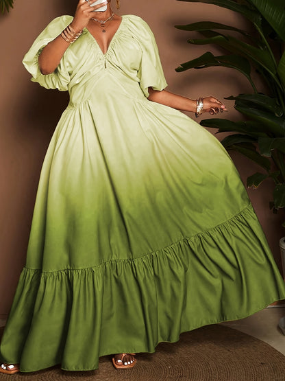 [Elegant Maxi Dress] Elegant Gradient Maxi Dress | Women's Deep V-Neck Lantern Sleeve A-Line Loose Fit with Zipper Back, Machine Washable for Vacation, Beach, Formal & Casual Occasions