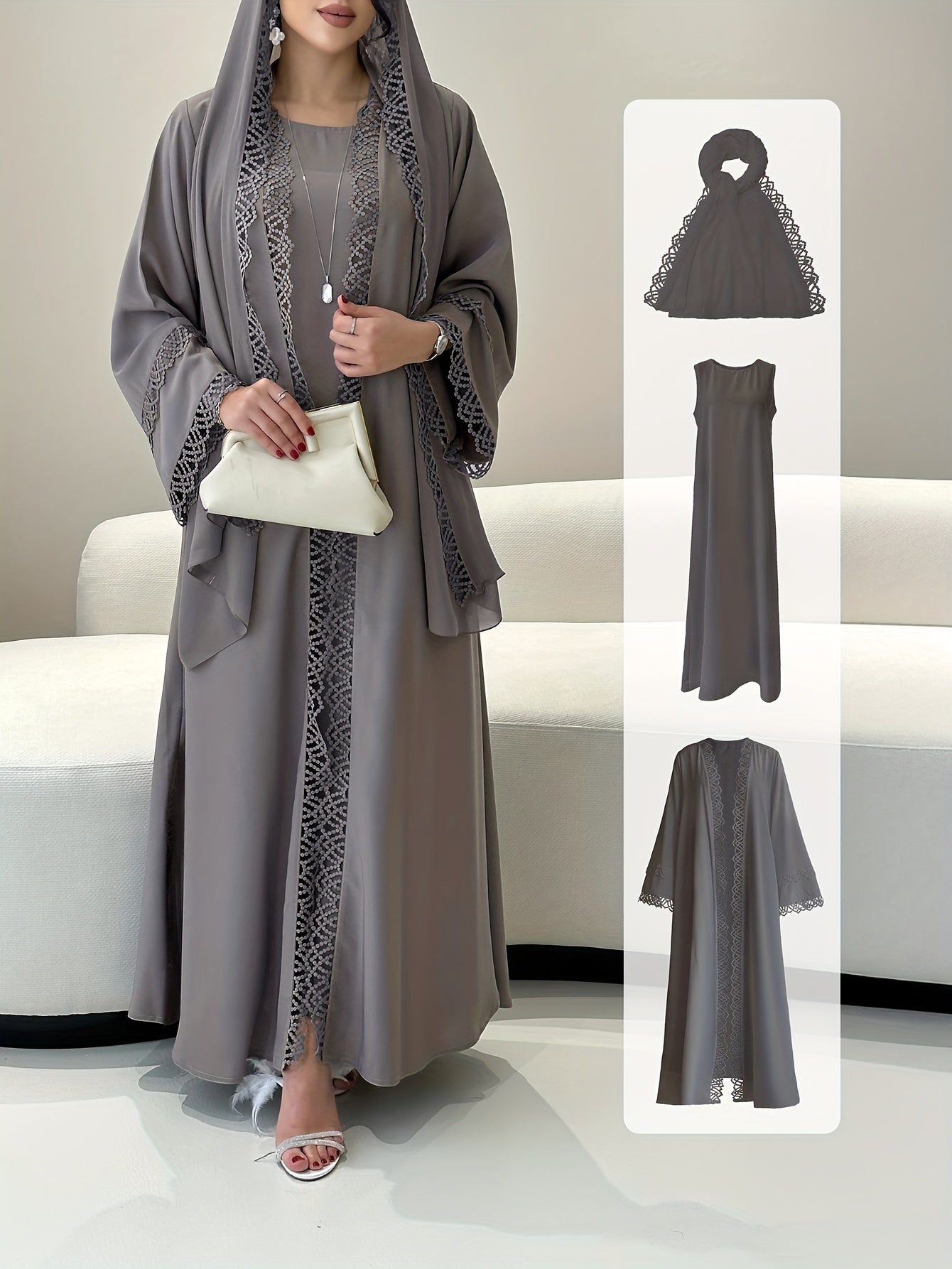 2pcs Elegant Traditional Abaya with Lace Trim and Sleeveless Vest Skirt Set, Headscarf, Long Sleeve, Solid Color, All-Season Wear, No Belt, for Ramadan, Cultural Attire|Elegant Abaya|Lace Trim Abaya, Gulf Abaya For Women Eleg