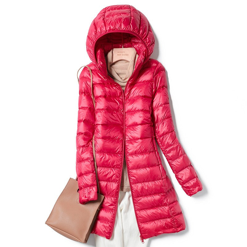 Lightweight and slim down jacket, women's mid length, hooded, oversized jacket with detachable hat