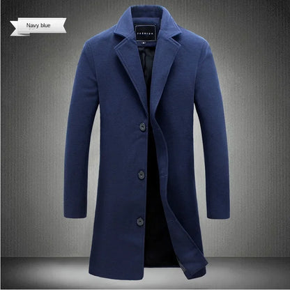 Spring Autumn New Long Cotton Coat New Wool Blend Pure Color Casual Business Fashion Men's Clothing Slim Windbreaker Jacket