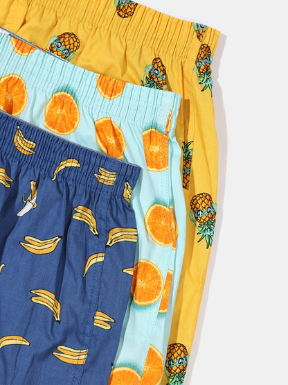 3 Pieces of Men's Comfortable Cotton Fruit Pattern Full Print Boxer Shorts with Breathable Fabric and Relaxed Fit for Everyday Wear