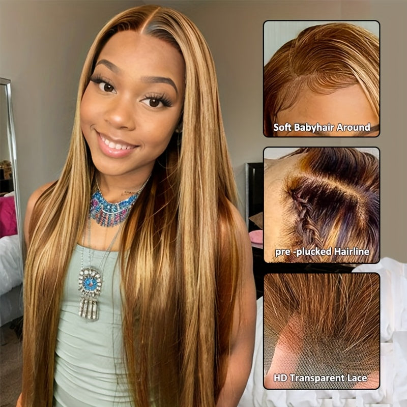 Ombre Straight Human Hair Wig 4/27 Blonde Ombre 13x4 Lace Front Pre-Plucked with Baby Hair 150% Density Piano Highlight Wig for, Versatile Hairpiece, Sophisticated Look